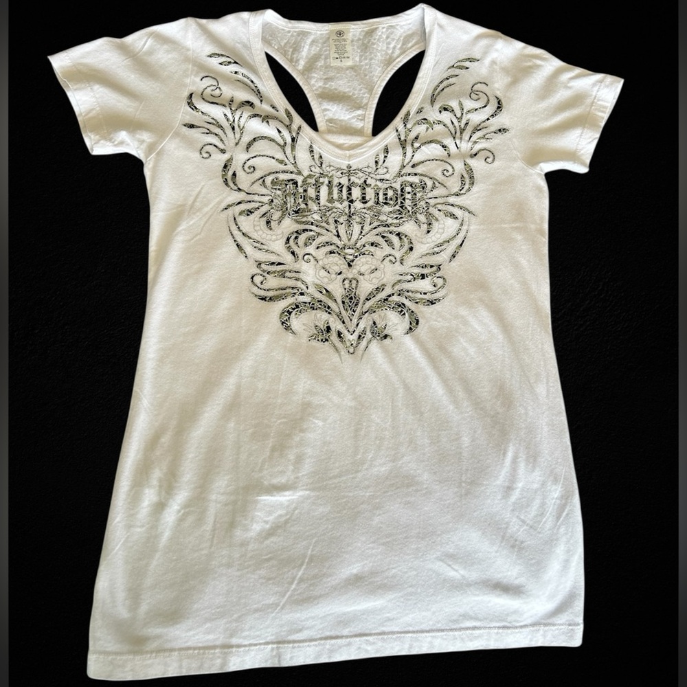NWT Affliction Woman’s Small Annabeth Metallic Gothic White Short Sleeve Top